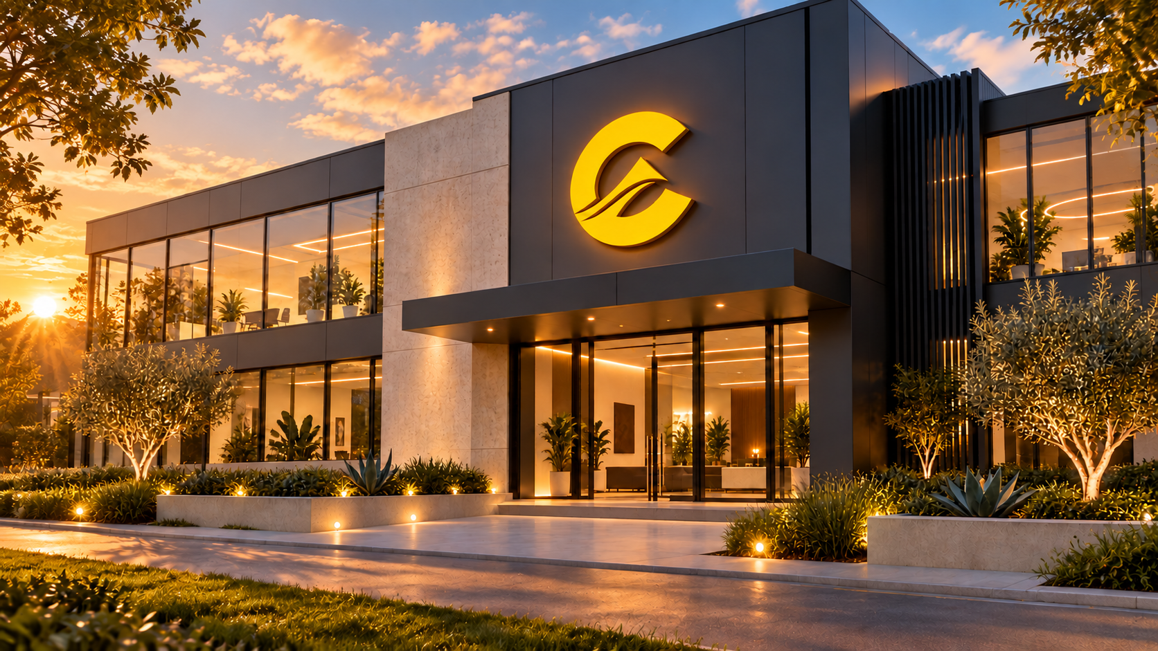 Crestview Studio office building illuminated at sunset